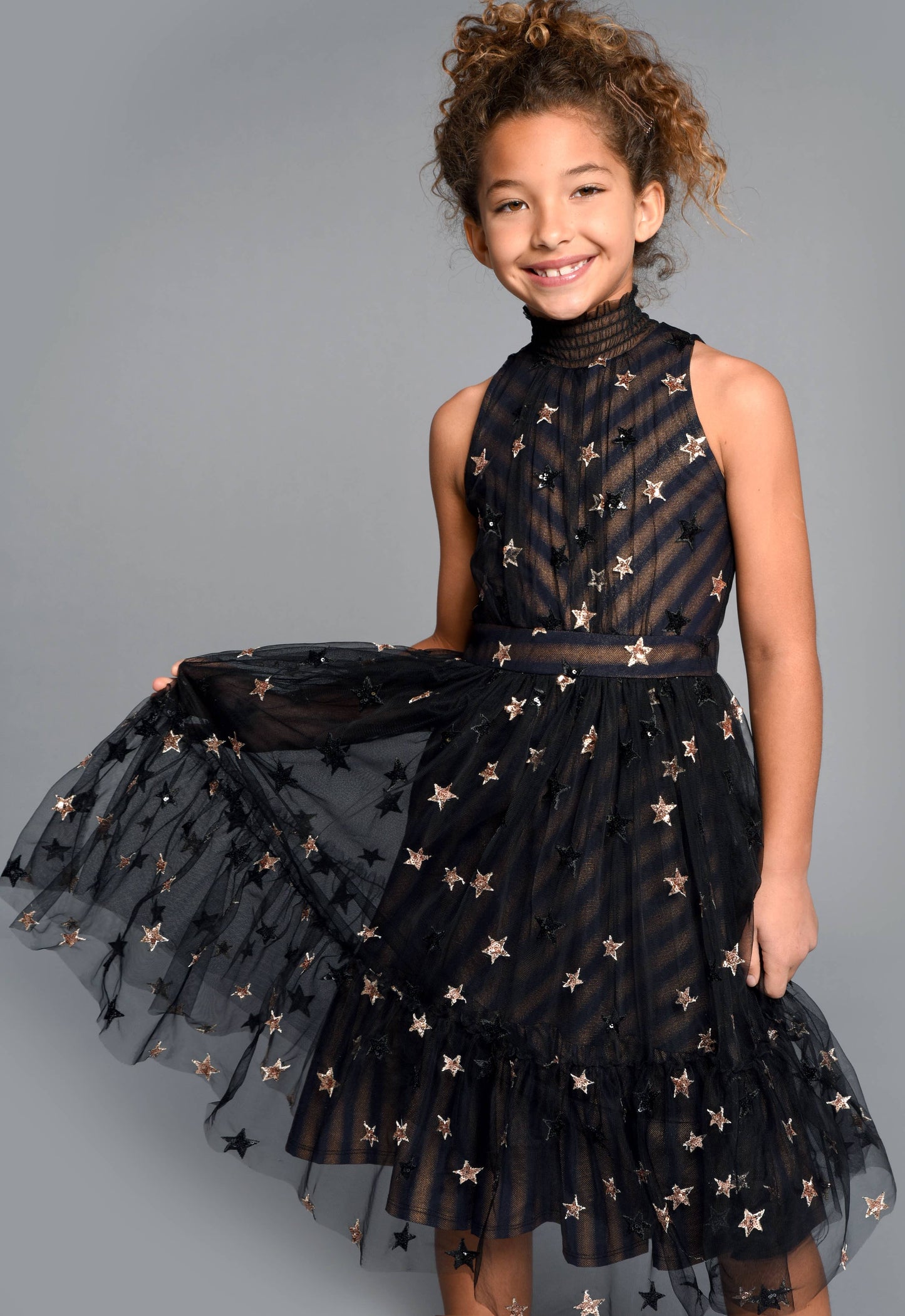 Sequin Star Mesh Overlay Halter Dress