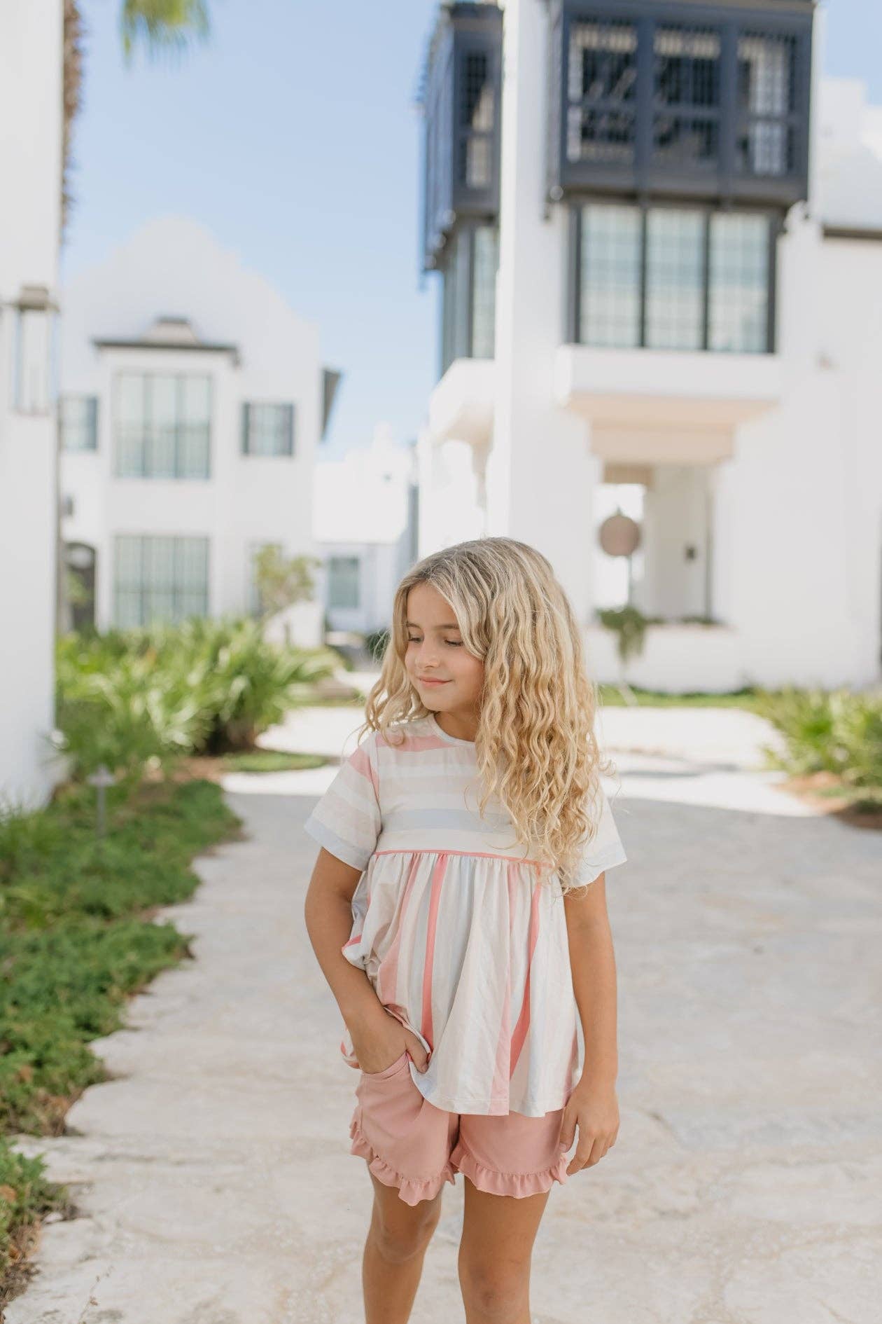 Girls Sand & Blush Stripe Pocket Ruffle Summer Short Set