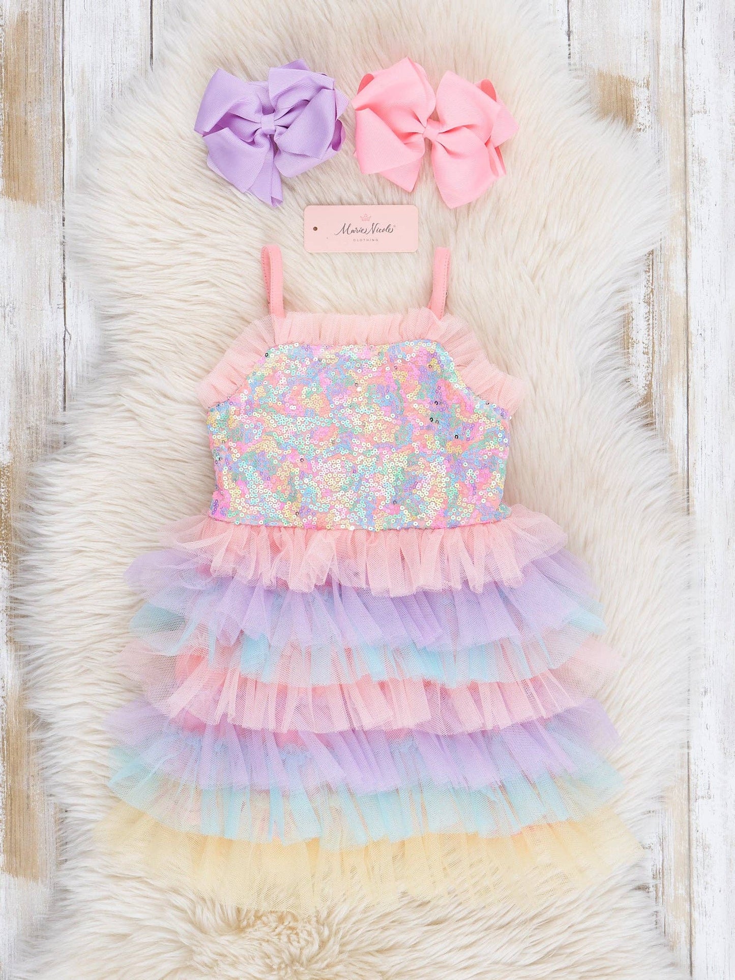 Rainbow Sequin Tiered Tulle Ruffle Dress