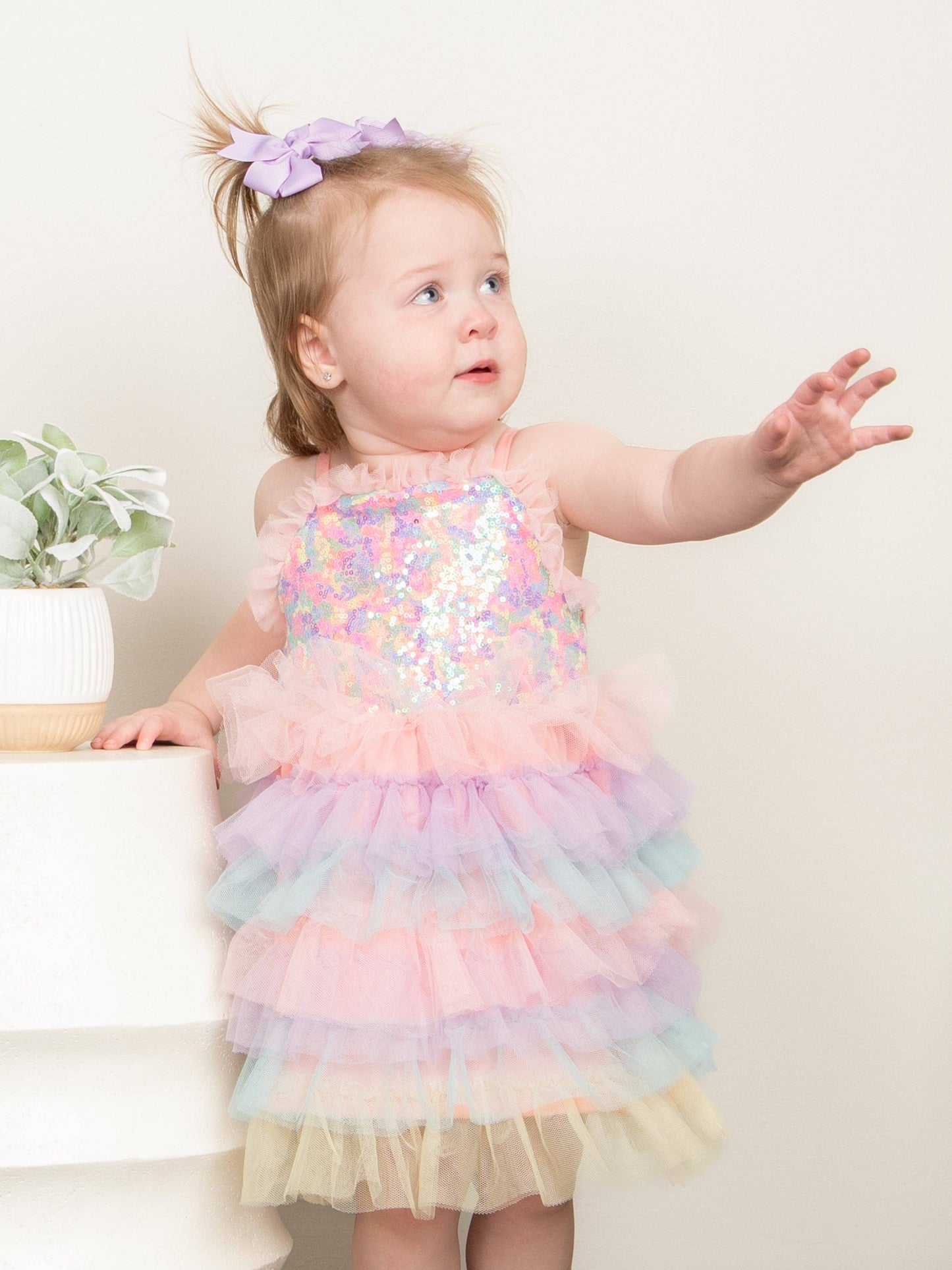 Rainbow Sequin Tiered Tulle Ruffle Dress