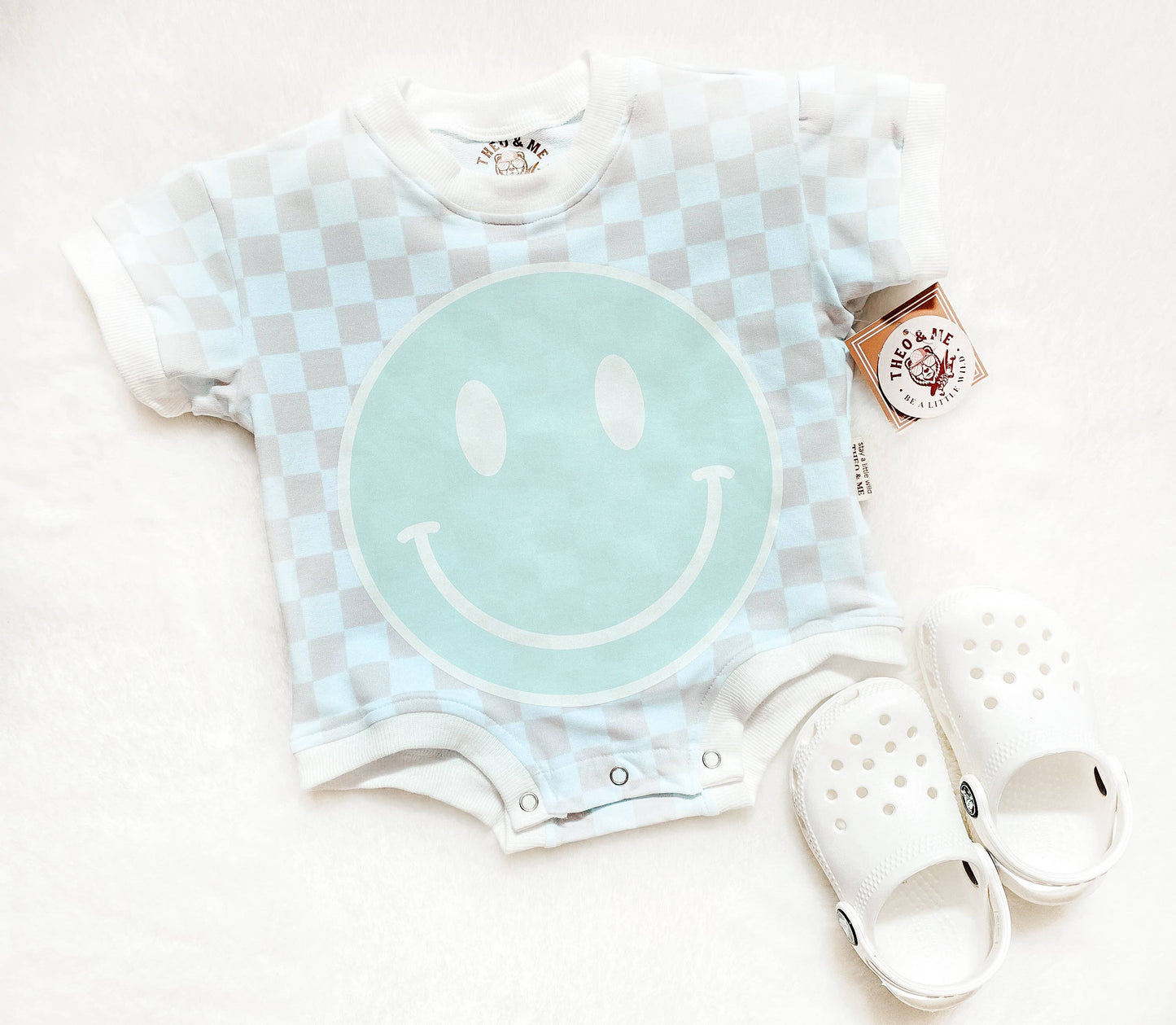 Unisex Tan Check Happy Face Bubble Romper