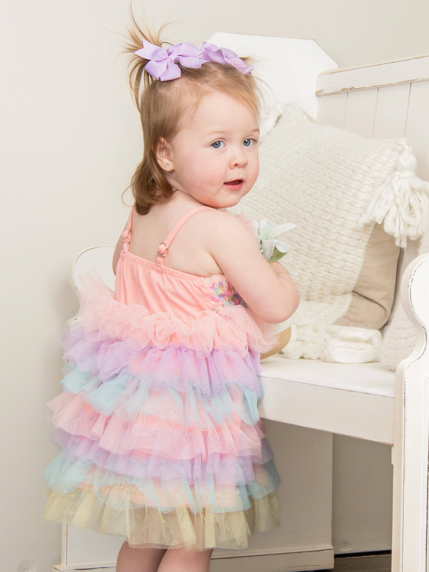 Rainbow Sequin Tiered Tulle Ruffle Dress