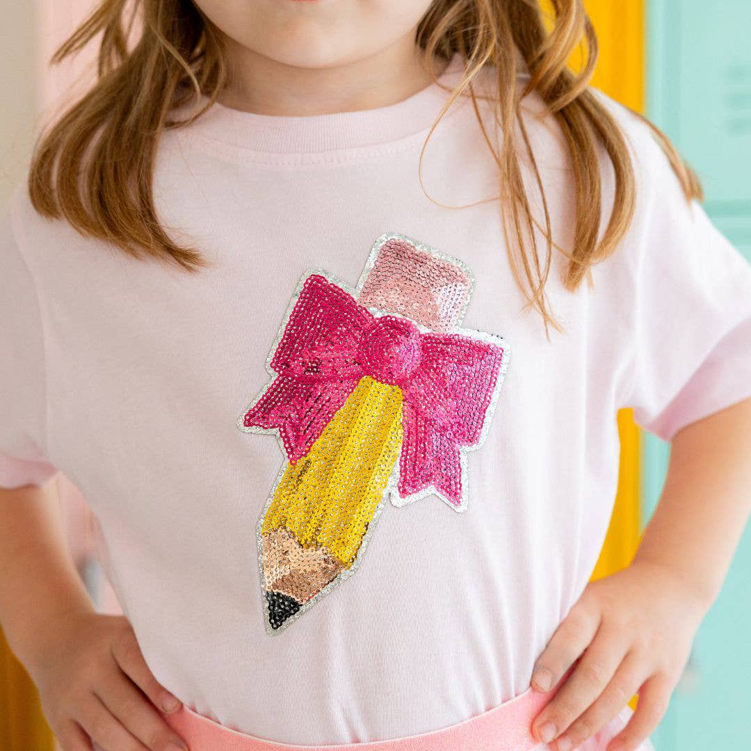 Pencil Bow Sequin Patch Short Sleeve T-Shirt - Girls Clothes