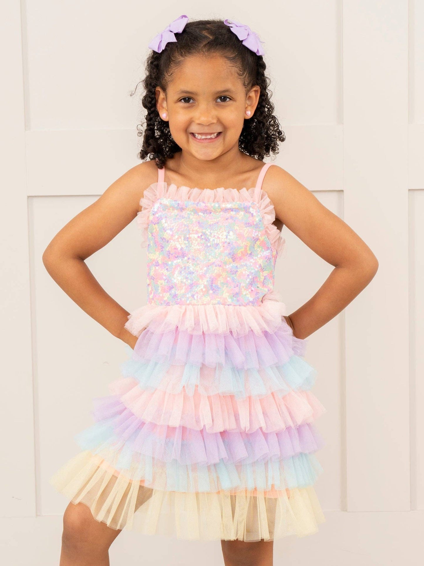 Rainbow Sequin Tiered Tulle Ruffle Dress