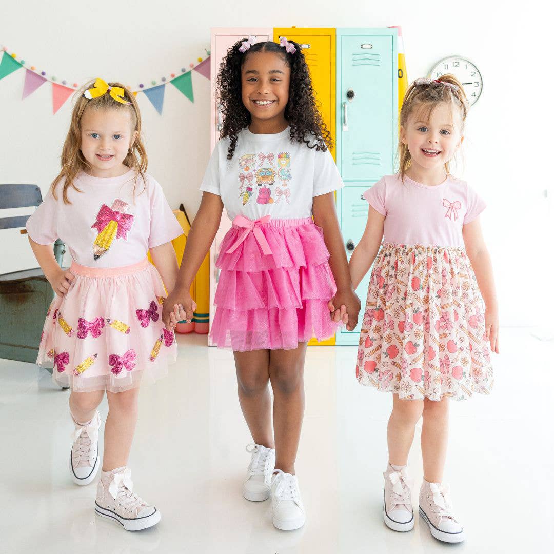 Pencil Bow Sequin Patch Short Sleeve T-Shirt - Girls Clothes