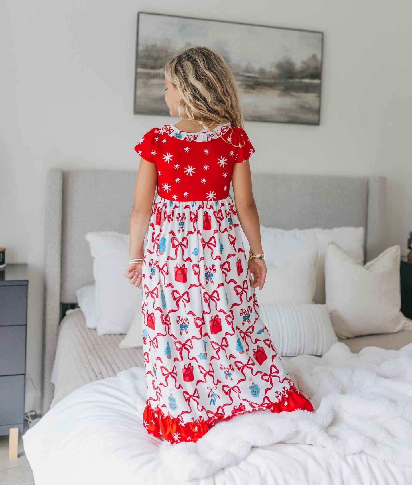 Kids Red Christmas Bow Holiday Ruffle Lounge Play Gown