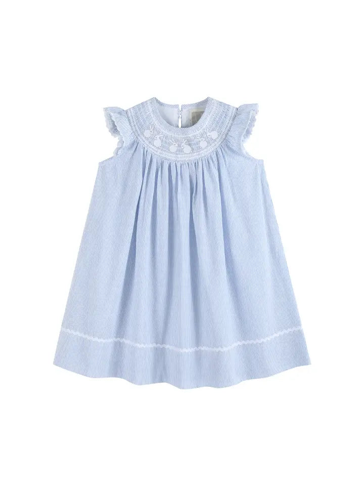 Girls Light Blue Seersucker Bunny Smocked Bishop Dress