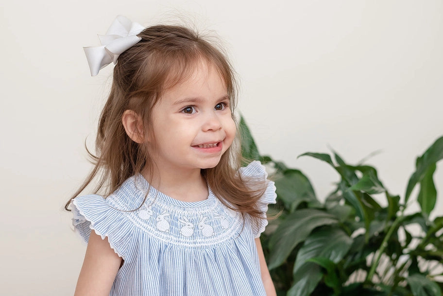 Girls Light Blue Seersucker Bunny Smocked Bishop Dress