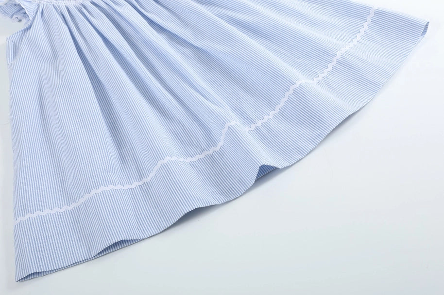 Girls Light Blue Seersucker Bunny Smocked Bishop Dress