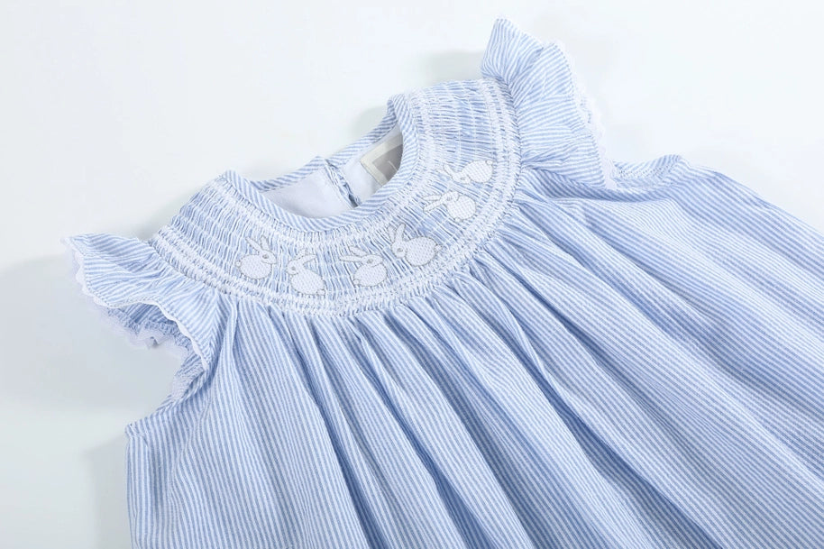 Girls Light Blue Seersucker Bunny Smocked Bishop Dress