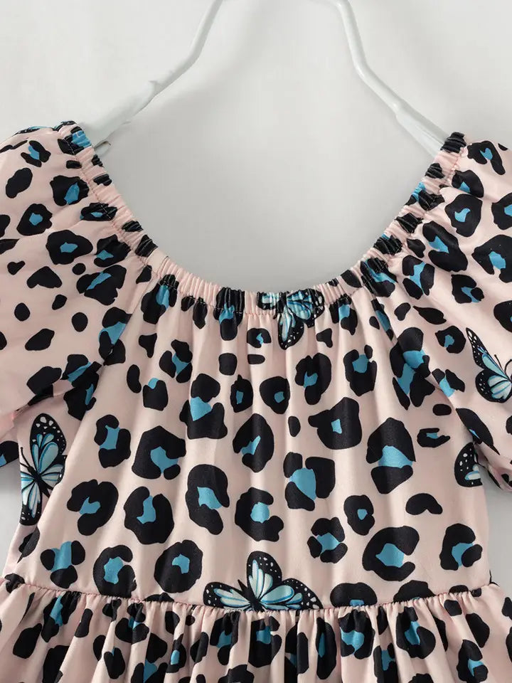 Girls Blue Leopard Butterfly Ruffle Twirl Dress