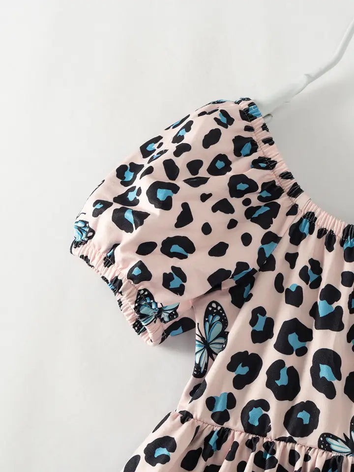Girls Blue Leopard Butterfly Ruffle Twirl Dress