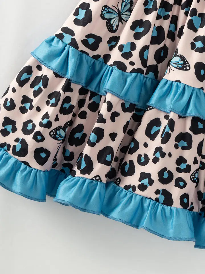 Girls Blue Leopard Butterfly Ruffle Twirl Dress