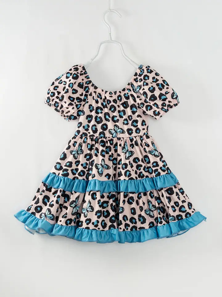 Girls Blue Leopard Butterfly Ruffle Twirl Dress