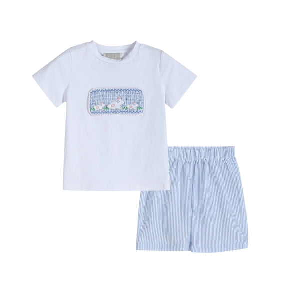 Boys Blue Seersucker Bunnies Smocked Shirt and Shorts Set
