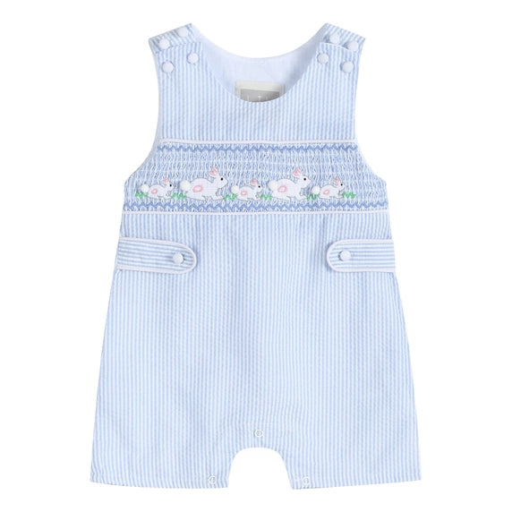 Boys Blue Seersucker Bunnies Smocked Shortall