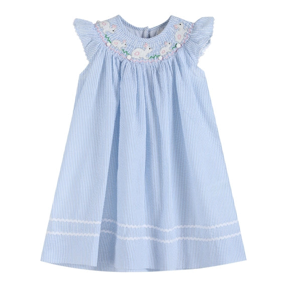 Girls Light Blue Seersucker Bunny Smocked Bishop Dress