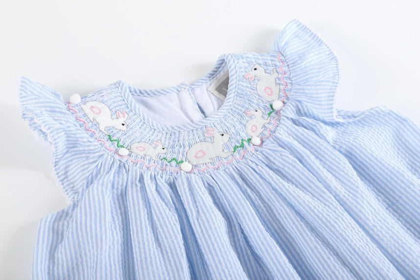 Girls Light Blue Seersucker Bunny Smocked Bishop Dress