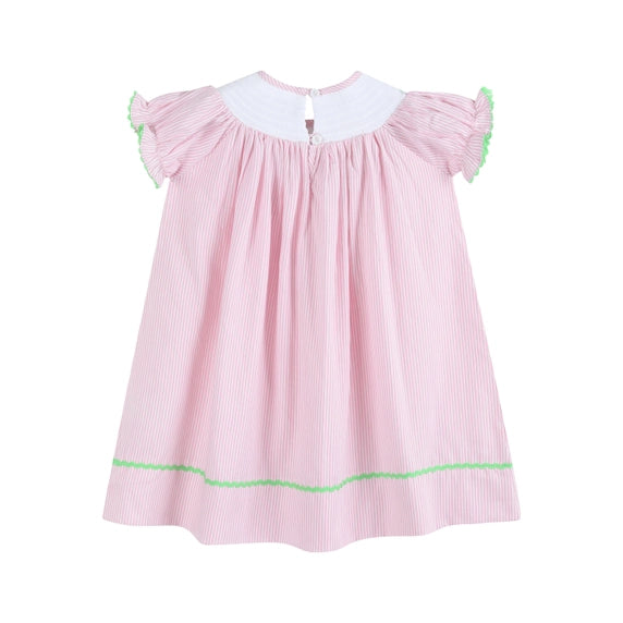 Girls Pink Pinstripe Pom Pom Bunny Smocked Bishop Dress