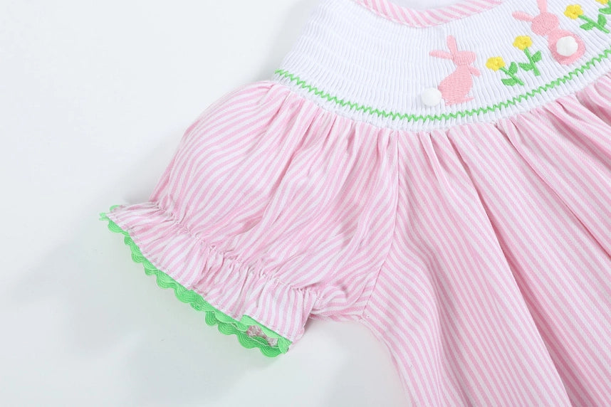 Girls Pink Pinstripe Pom Pom Bunny Smocked Bishop Dress