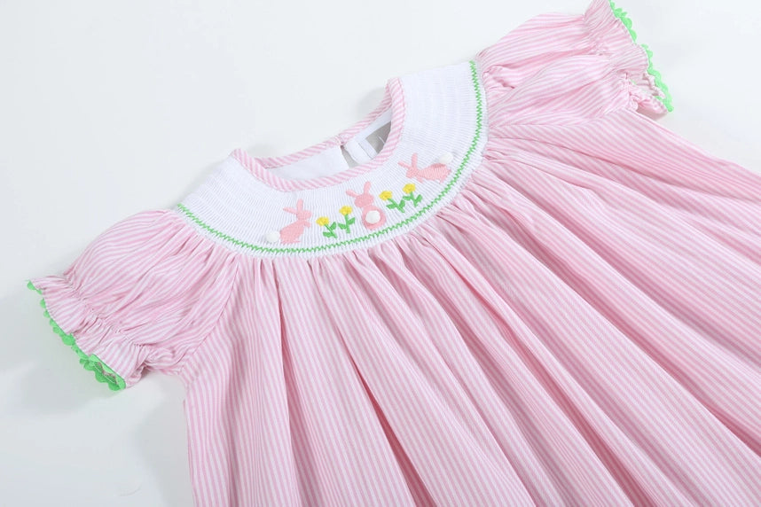 Girls Pink Pinstripe Pom Pom Bunny Smocked Bishop Dress