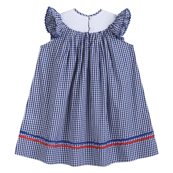 Last One: Girls Royal Blue Gingham American Flag Smocked Bishop Dress