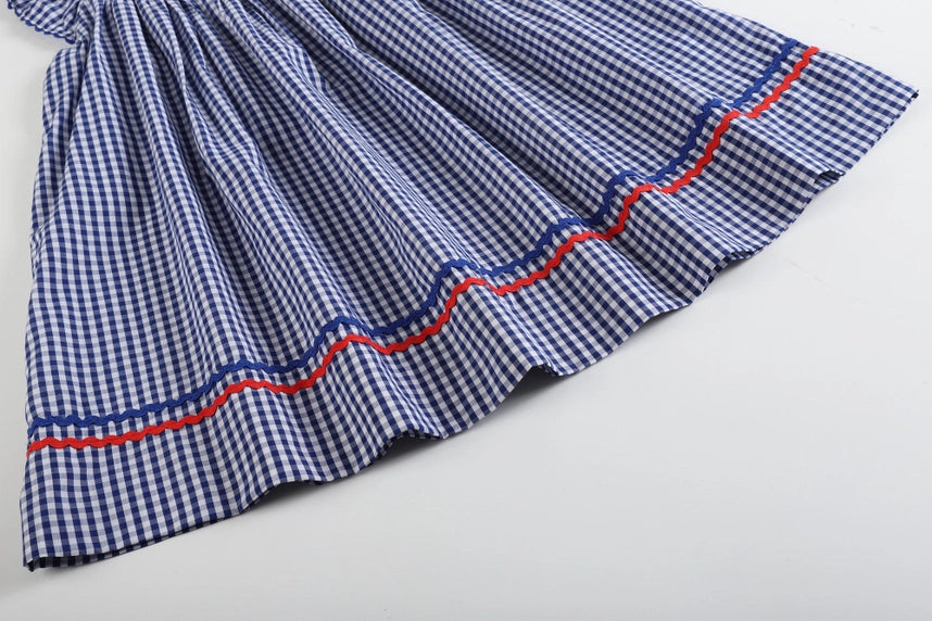 Last One: Girls Royal Blue Gingham American Flag Smocked Bishop Dress