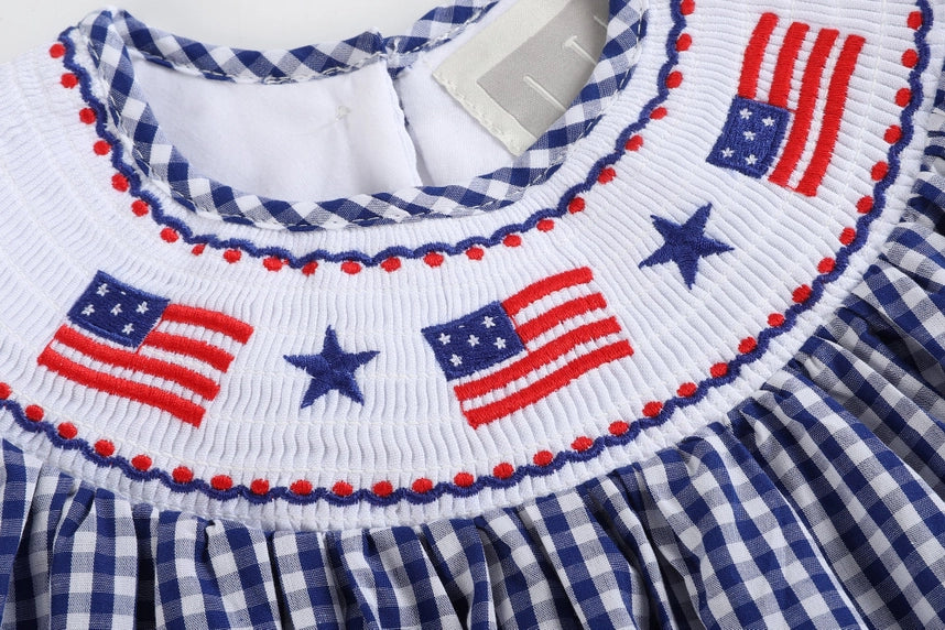Last One: Girls Royal Blue Gingham American Flag Smocked Bishop Dress