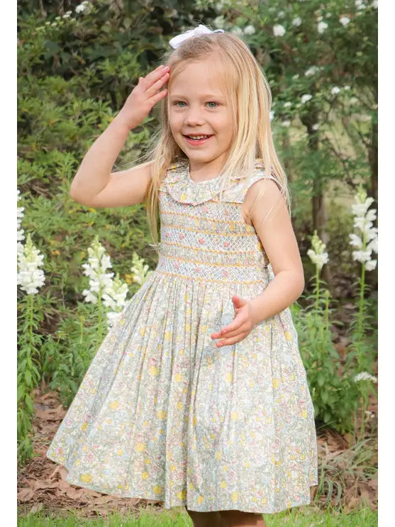 Last One: Girls Spring Again Floral Hand Smocked Dress
