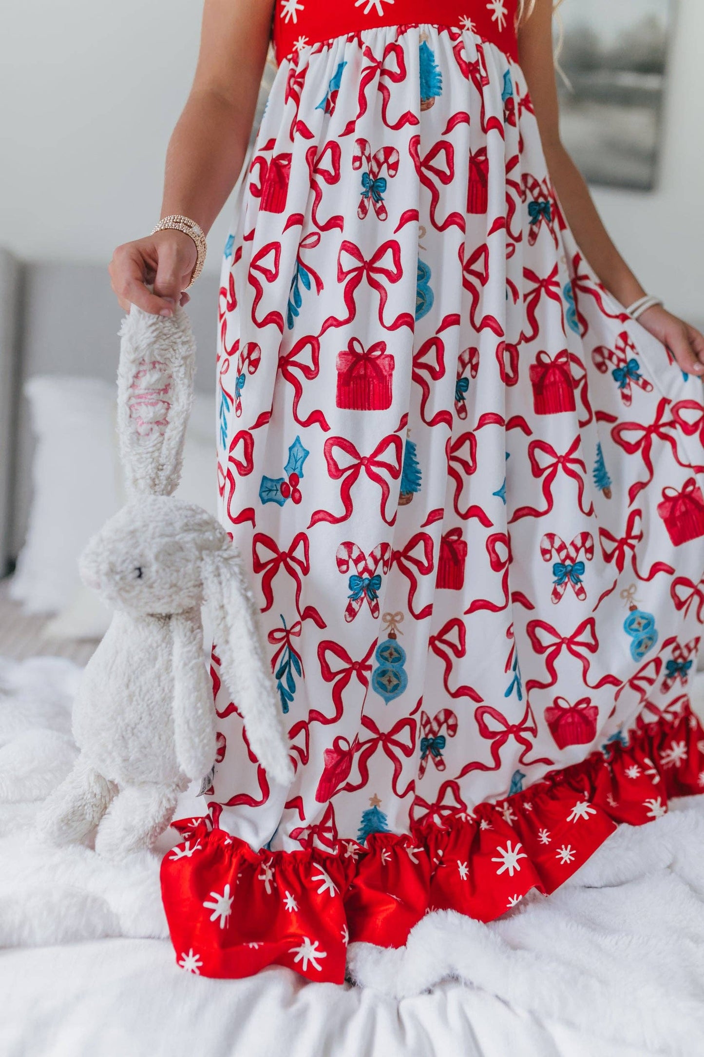 Kids Red Christmas Bow Holiday Ruffle Lounge Play Gown