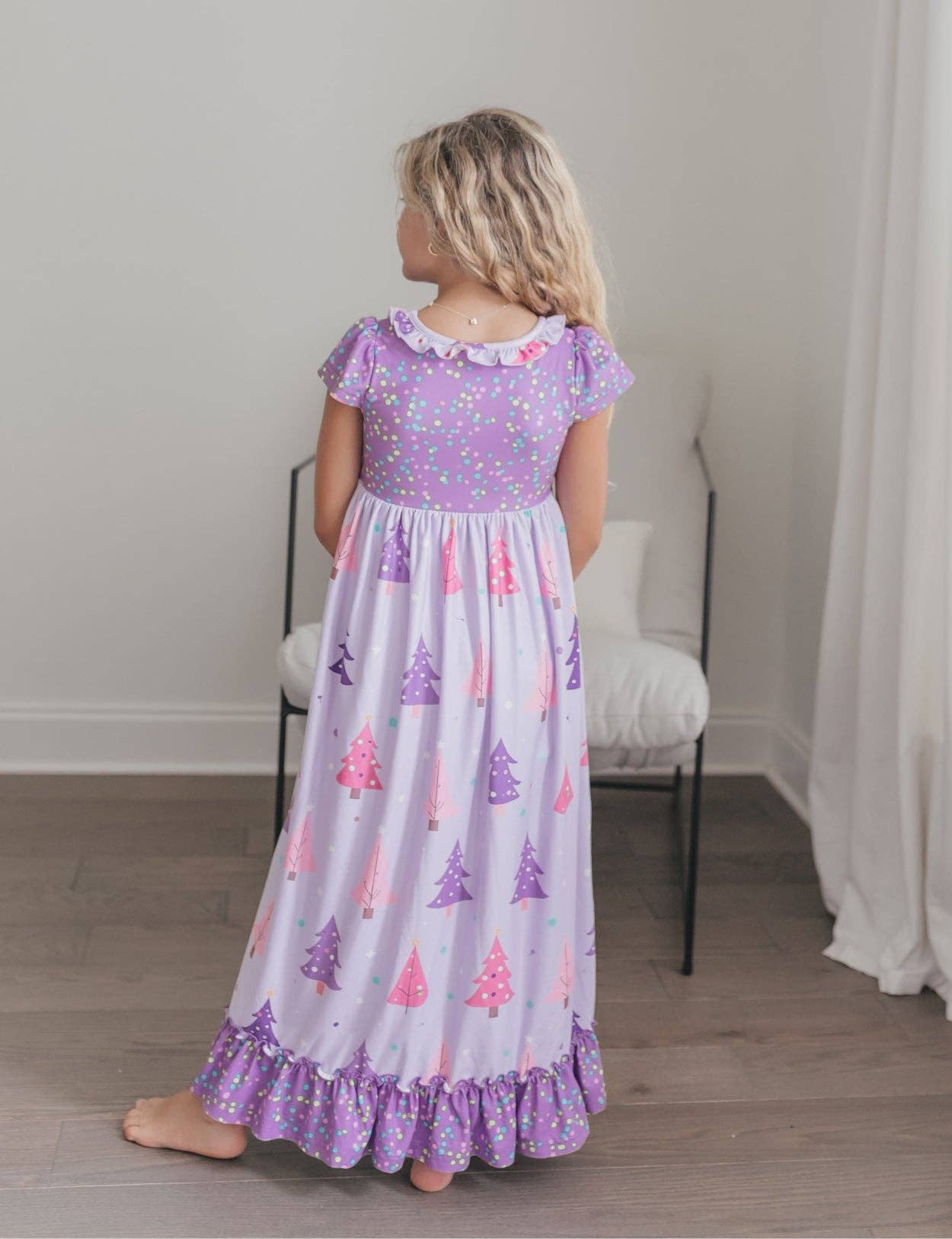 Girls Purple Christmas Tree Holiday Ruffle Lounge Play Gown