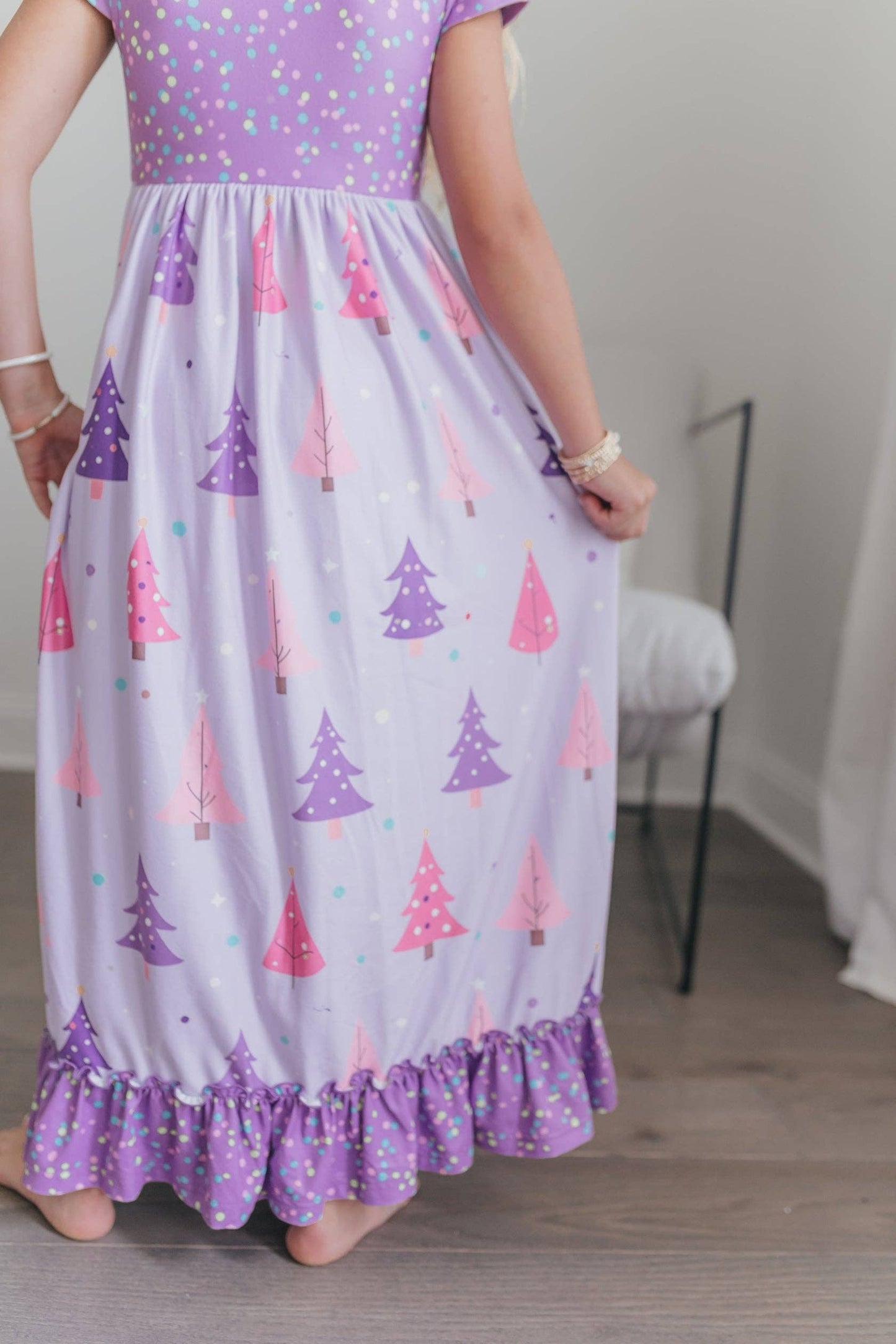 Girls Purple Christmas Tree Holiday Ruffle Lounge Play Gown