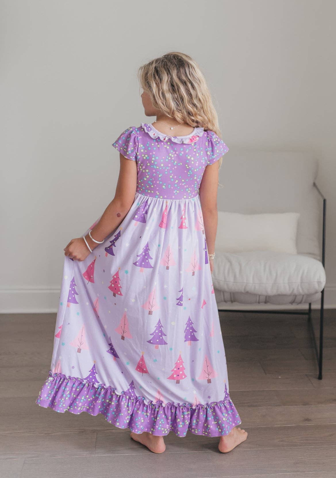 Girls Purple Christmas Tree Holiday Ruffle Lounge Play Gown