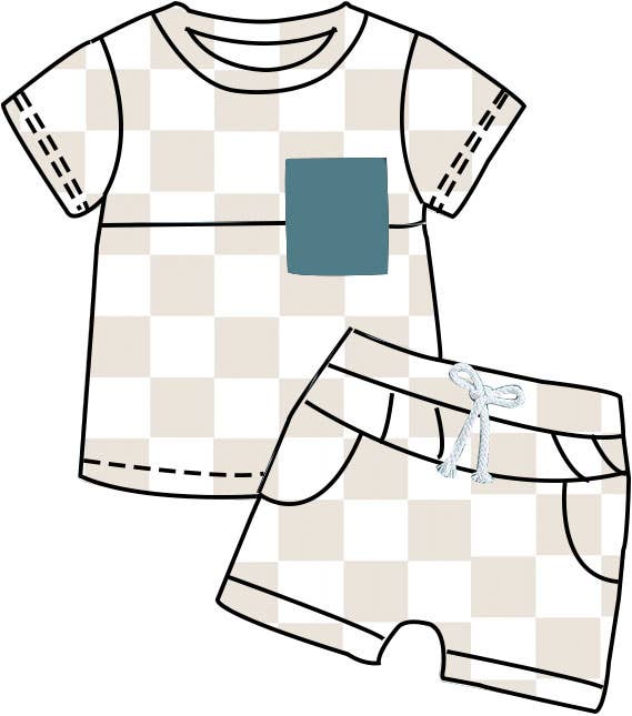 Boys 2 PC Set - Summer Short Set - Tan Check Pocket