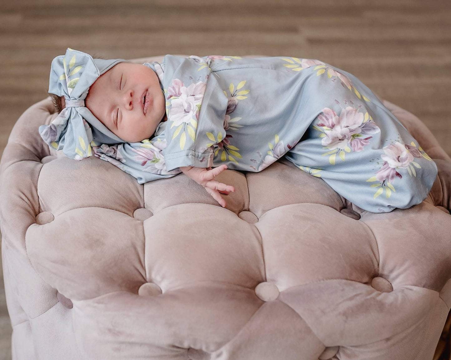 Infant Girls Gray Blue Floral Baby Gown and Bow Headband