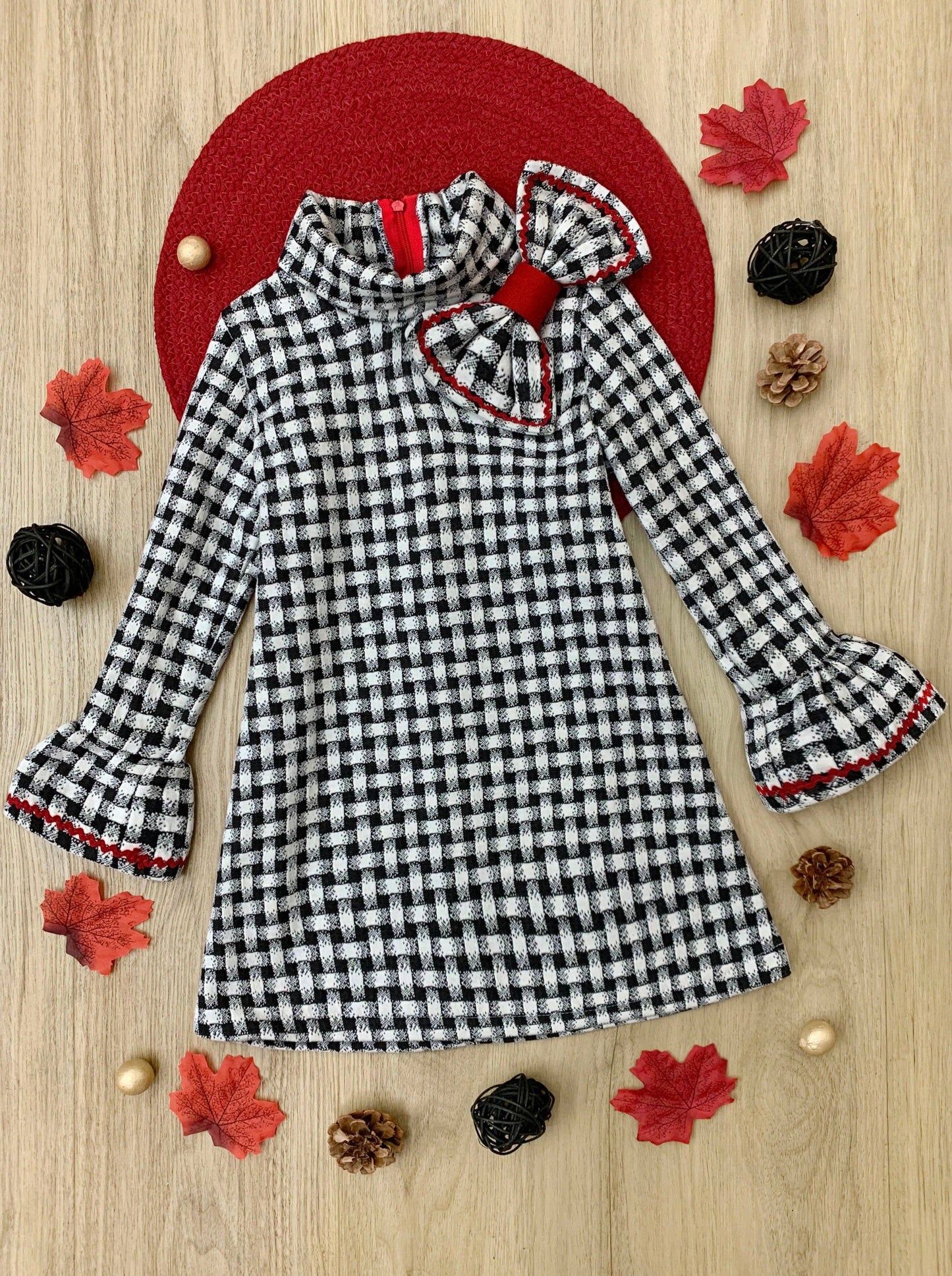 Plaid Mitzi Turtleneck Dress w/ Shoulder Bow & Ruffle Cuffs