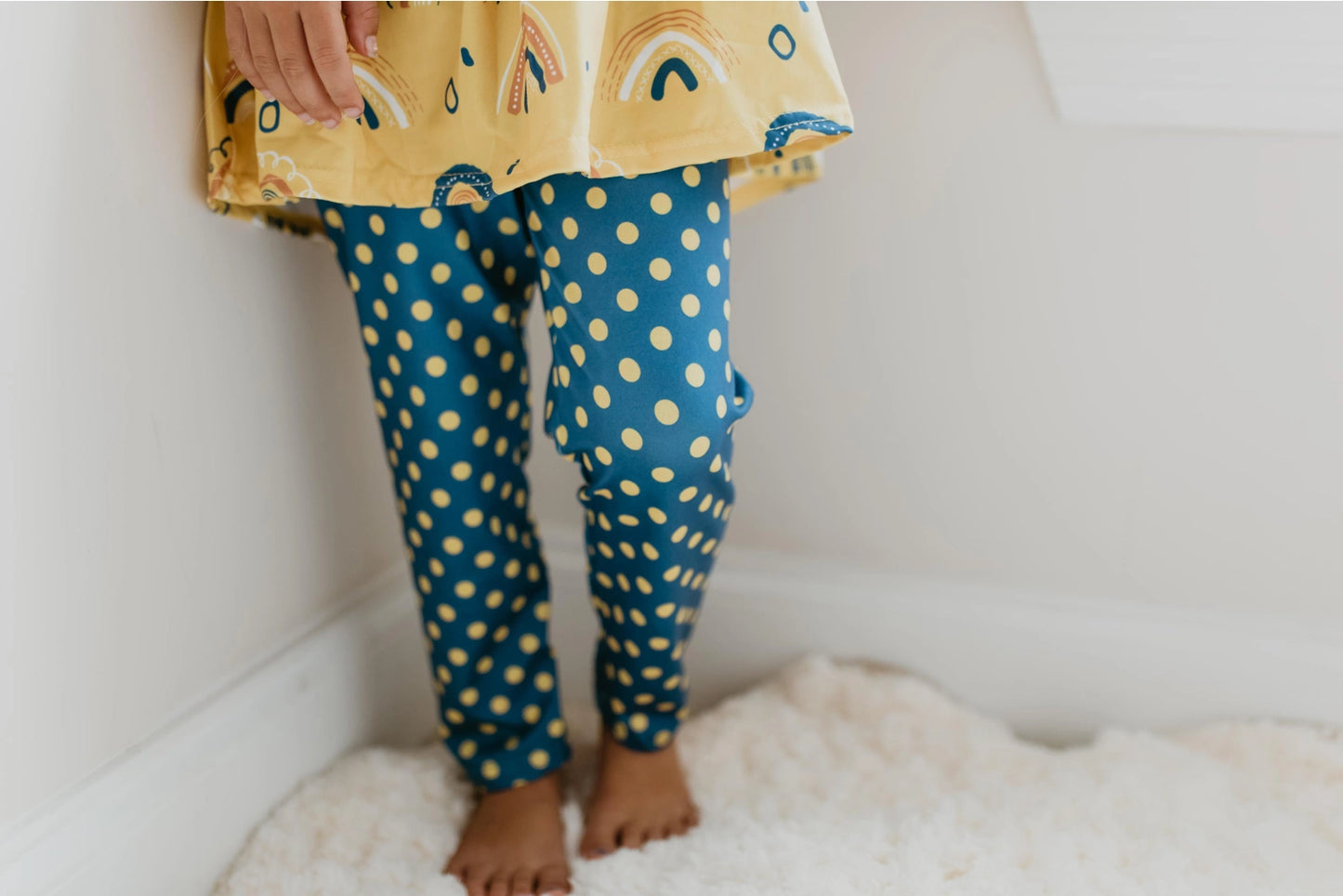 Girls Mustard Rainbow Polka Dot Fall Two Piece Button Pant Set