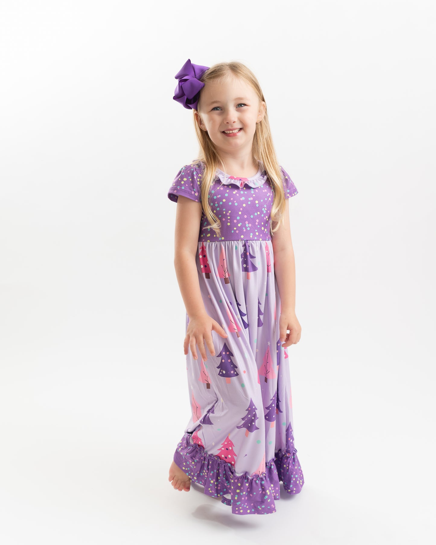 Girls Purple Christmas Tree Holiday Ruffle Lounge Play Gown