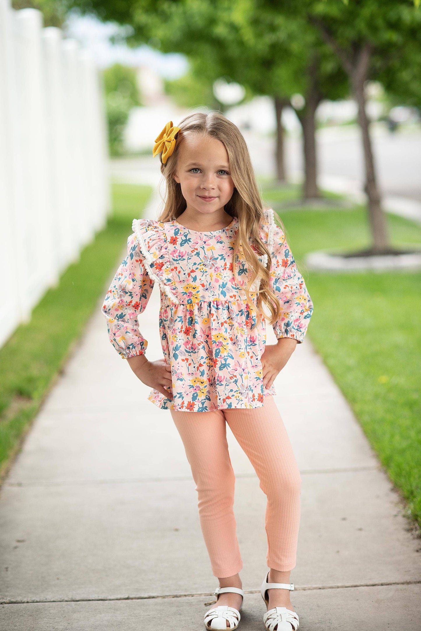 Last One: Girls Peachy Spring Floral Ruffle Two Piece Button Back Set