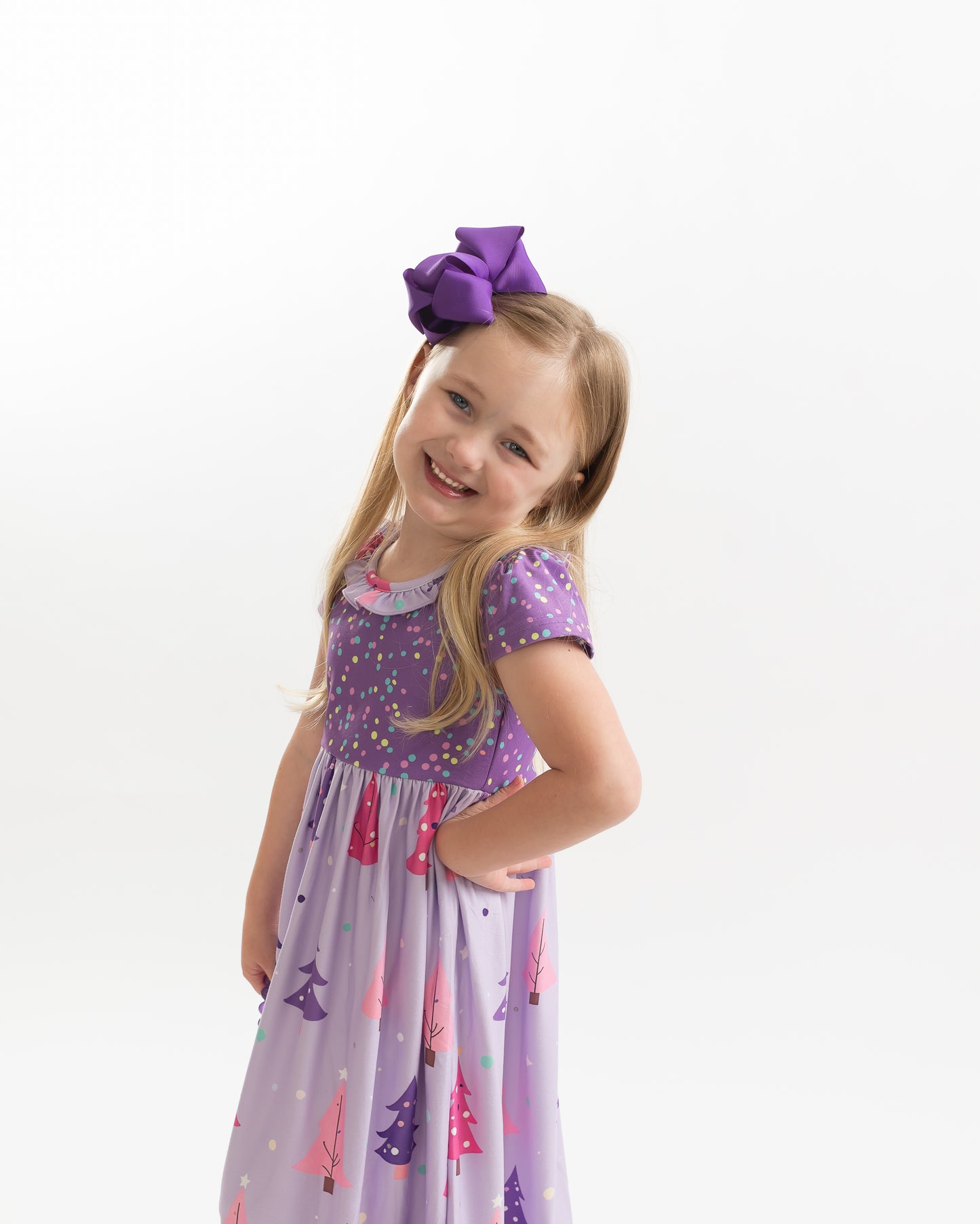 Girls Purple Christmas Tree Holiday Ruffle Lounge Play Gown