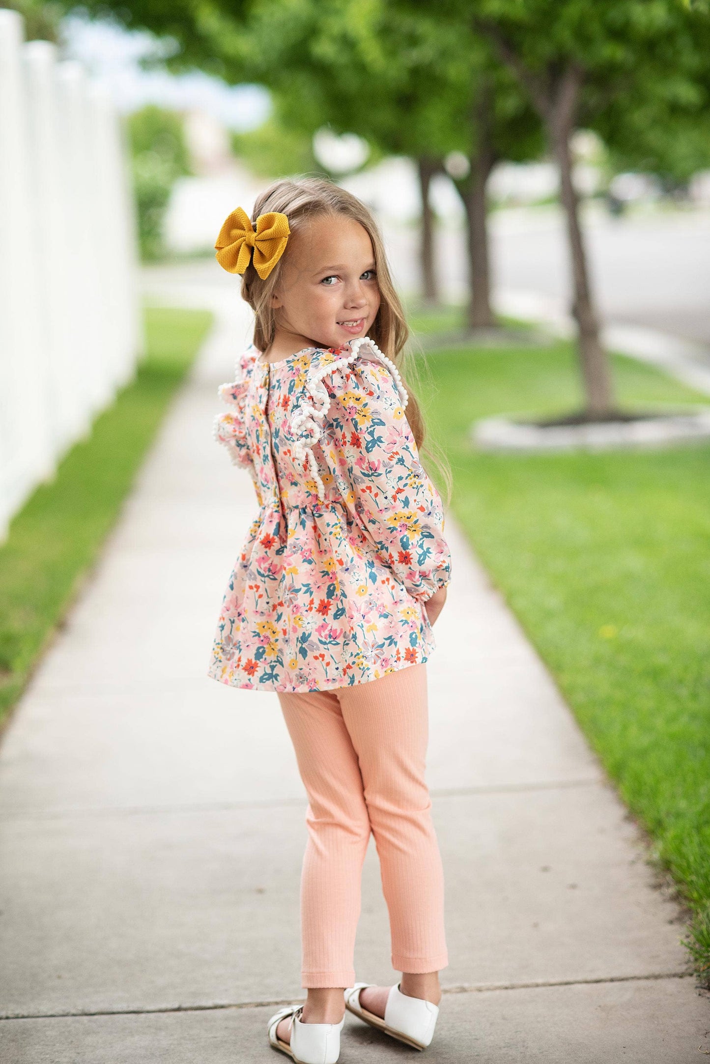 Last One: Girls Peachy Spring Floral Ruffle Two Piece Button Back Set