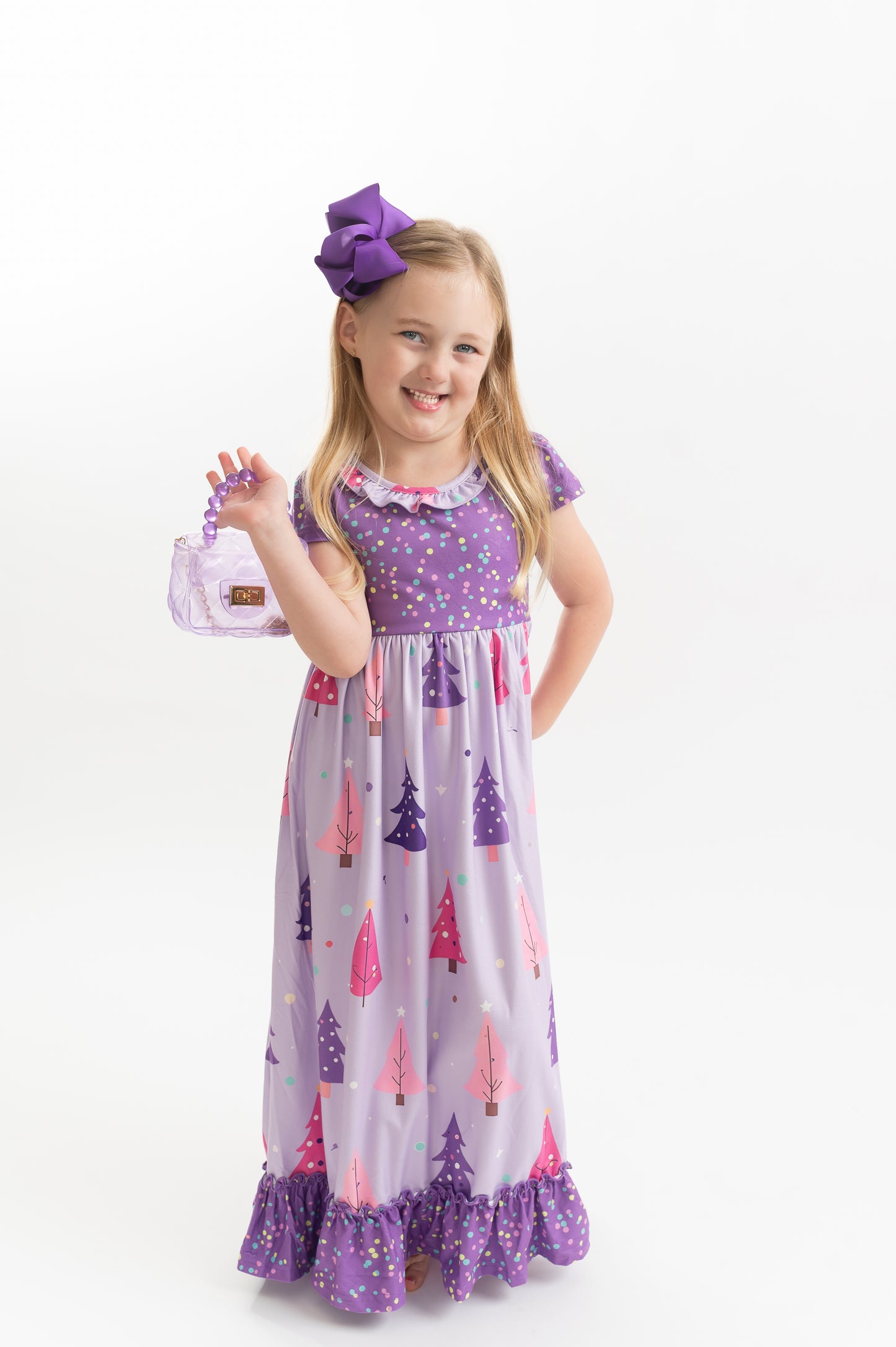 Girls Purple Christmas Tree Holiday Ruffle Lounge Play Gown