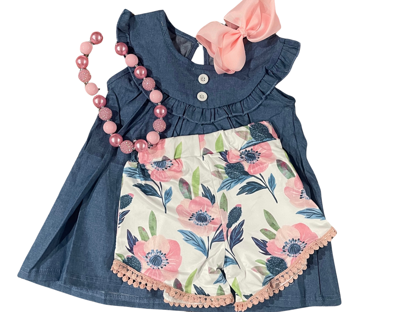 Girls Jean Floral Ruffle Button Summer Two Piece Short Set