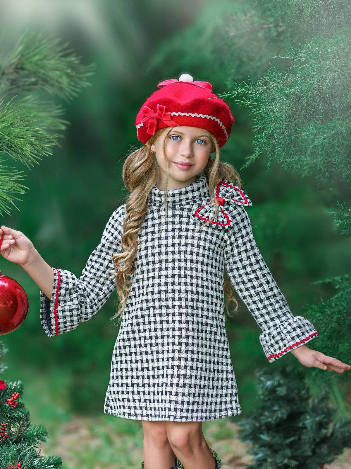 Plaid Mitzi Turtleneck Dress w/ Shoulder Bow & Ruffle Cuffs