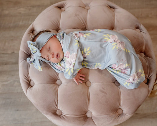 Infant Girls Gray Blue Floral Baby Gown and Bow Headband