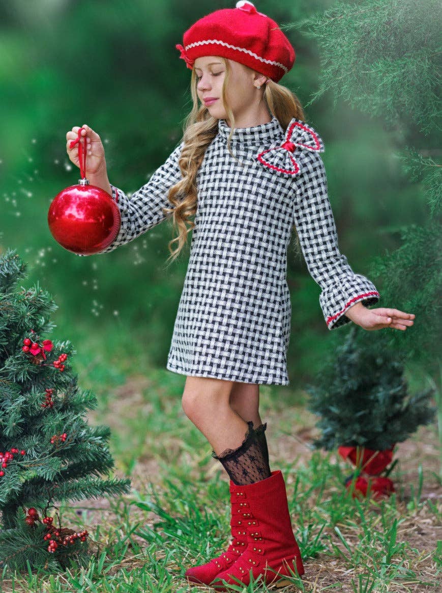 Plaid Mitzi Turtleneck Dress w/ Shoulder Bow & Ruffle Cuffs