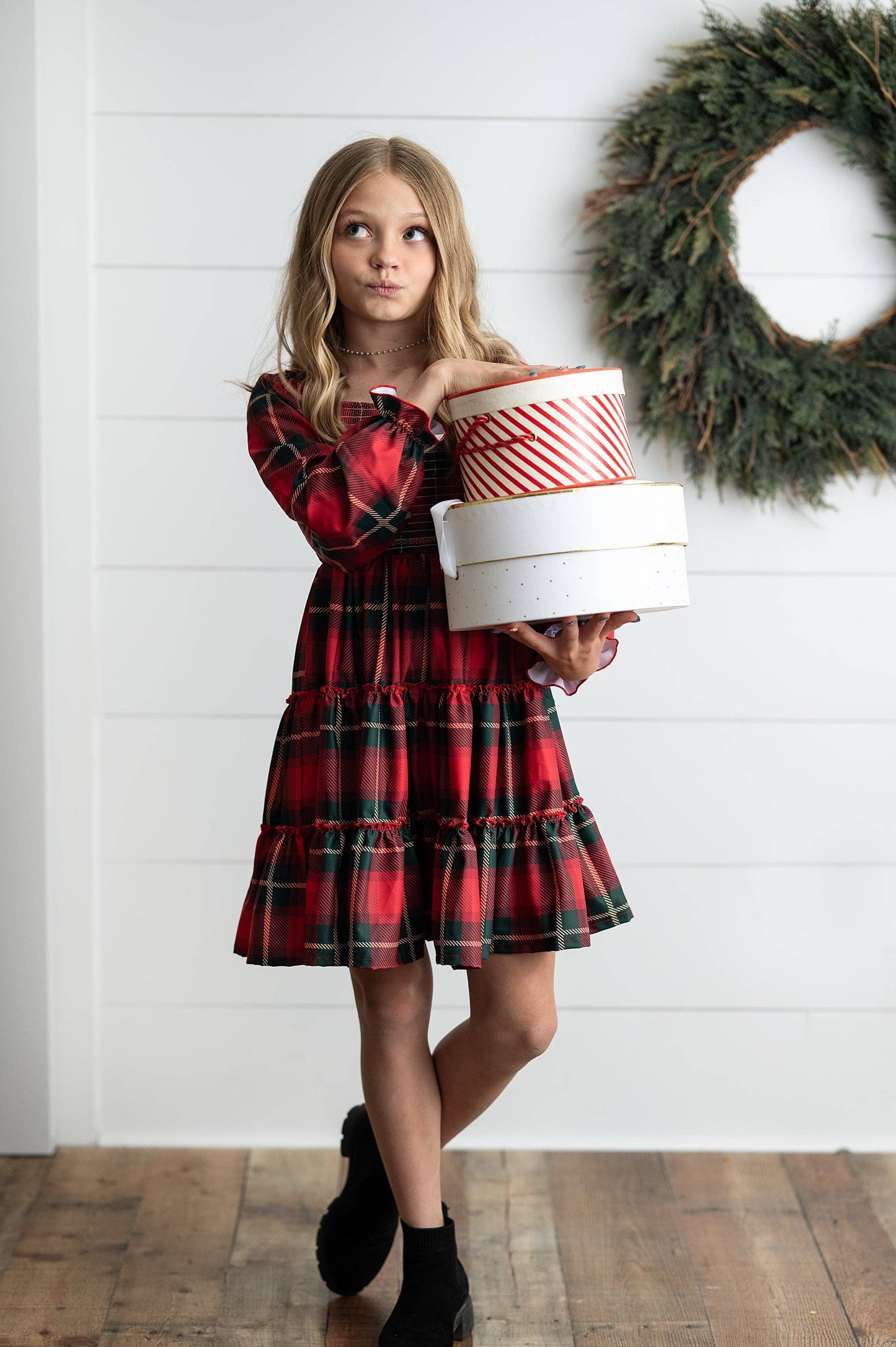 Kids Red & Green Plaid Smocked Holiday Fancy Party Dress