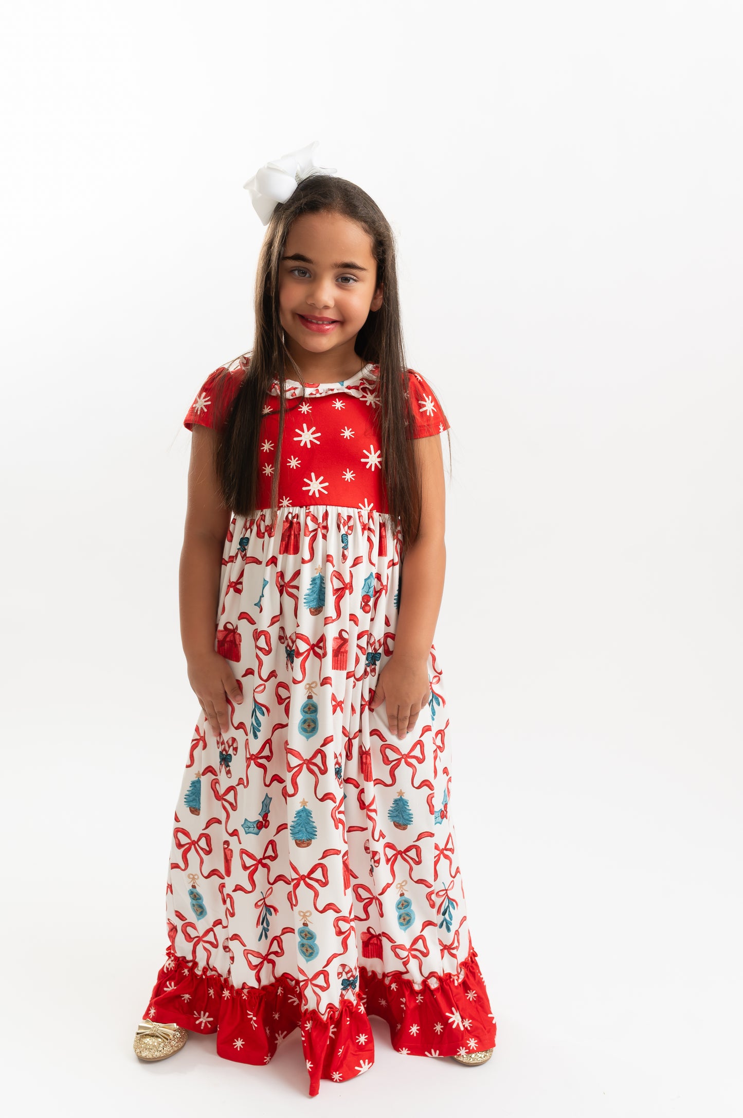 Kids Red Christmas Bow Holiday Ruffle Lounge Play Gown