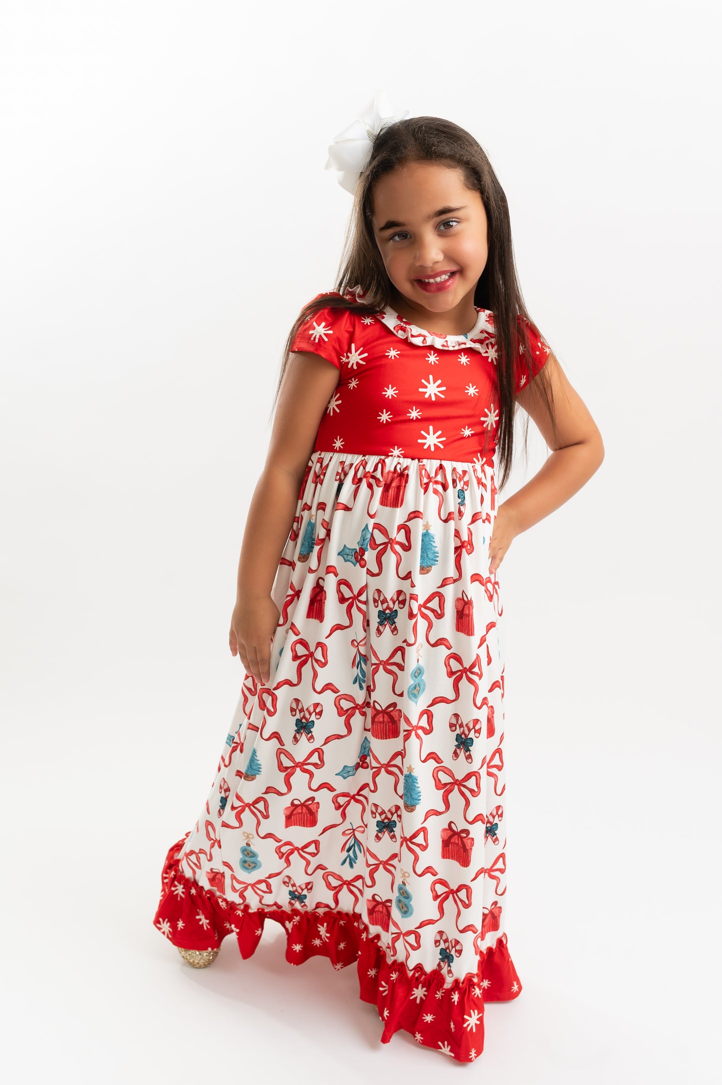 Kids Red Christmas Bow Holiday Ruffle Lounge Play Gown