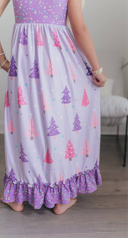 Girls Purple Christmas Tree Holiday Ruffle Lounge Play Gown